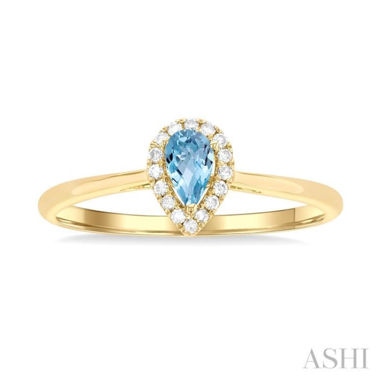 5x3 MM Pear Shape Aquamarine and 1/20 Ctw Single Cut Diamond Halo Semi-Precious Ring in 10K Yellow Gold