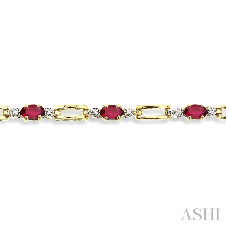 5x3 MM Oval Cut Ruby and 1/10 Ctw Round Cut Diamond Precious Bracelet in 10K Yellow Gold