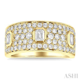 1 1/2 Ctw 3-Stone Emerald and Round Cut Diamond Fashion Wide Band in 14K Yellow Gold