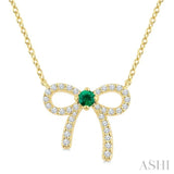 2.40 MM Round Shape Emerald and 1/8 Ctw Bow Round Cut Diamond Fashion Pendant With Chain in 10k Yellow Gold