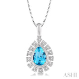9x6 MM Pear Shape Blue Topaz and 1/10 Ctw Round Cut Diamond Semi-Precious Pendant With Chain in 10K White Gold