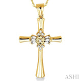 1/6 ctw Baguette and Round Cut Diamond Cross Pendant in 10K Yellow Gold with Chain