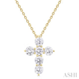 1.00 ctw Round Cut Diamond Christian Cross 6-Stone Fashion Pendant With Chain in 14K Yellow Gold