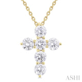 1.00 ctw Round Cut Diamond Christian Cross 6-Stone Fashion Pendant With Chain in 14K Yellow Gold
