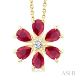 4X3 MM Floral Blossom Pear Cut Ruby and 1/20 Ctw Round Cut Diamond Precious Pendant With Chain in 14K Yellow Gold