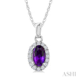 5x3 MM Oval Shape Amethyst and 1/20 Ctw Round Cut Diamond Halo Semi-Precious Pendant with Chain in 10K White Gold
