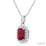 5x3 MM Octagonal Shape Ruby and 1/20 Ctw Round Cut Diamond Halo Precious Pendant with Chain in 10K White Gold
