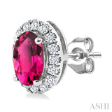 5x3 MM Oval Shape Pink Tourmaline and 1/8 Ctw Round Cut Diamond Halo Semi-Precious Stud Earrings in 14K White Gold