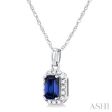 5x3 MM Octagonal Shape Sapphire and 1/20 Ctw Single Cut Diamond Halo Precious Pendant with Chain in 10K White Gold