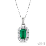 5x3 MM Octagonal Shape Emerald and 1/20 Ctw Single Cut Diamond Halo Precious Pendant with Chain in 10K White Gold