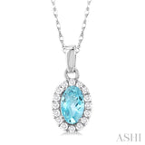 5x3 MM Oval Shape Aquamarine and 1/20 Ctw Single Cut Diamond Halo Semi-Precious Pendant with Chain in 14K White Gold
