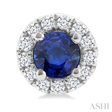 3.25 MM Round Sapphire and 1/10 Ctw Round Cut Diamond Halo Precious Stud Earrings in 10K White Gold