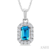 5x3 MM Octagonal Shape Blue Topaz and 1/20 Ctw Round Cut Diamond Halo Semi-Precious Pendant with Chain in 10K White Gold
