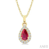 5x3 MM Pear Shape Ruby and 1/20 Ctw Round Cut Diamond Halo Precious Pendant with Chain in 10K Yellow Gold