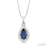 5x3 MM Pear Shape Sapphire and 1/20 Ctw Single Cut Diamond Halo Precious Pendant with Chain in 10K White Gold
