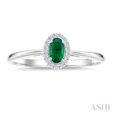 5x3 MM Oval Shape Emerald and 1/20 Ctw Round Cut Diamond Halo Precious Ring in 10K White Gold