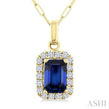 6x4 MM Octagonal Shape Sapphire and 1/6 Ctw Round Cut Diamond Halo Precious Pendant with Chain in 14K Yellow Gold