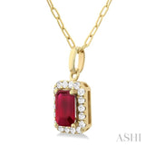 6x4 MM Octagonal Shape Ruby and 1/6 Ctw Round Cut Diamond Halo Precious Pendant with Chain in 10K Yellow Gold