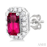 5x3 MM Octagonal Shape Pink Tourmaline and 1/8 Ctw Single Cut Diamond Halo Semi-Precious Stud Earrings in 14K White Gold