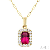 6x4 MM Octagonal Shape Pink Tourmaline and 1/6 Ctw Round Cut Diamond Halo Semi-Precious Pendant with Chain in 10K Yellow Gold