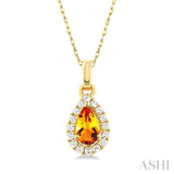5x3 MM Pear Shape Citrine and 1/20 Ctw Single Cut Diamond Halo Semi-Precious Pendant with Chain in 10K Yellow Gold
