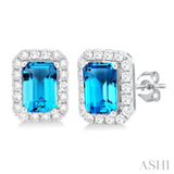 6x4 MM Octagonal Shape Blue Topaz and 1/4 Ctw Round Cut Diamond Halo Semi-Precious Stud Earrings in 10K White Gold