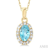 5x3 MM Oval Shape Aquamarine and 1/20 Ctw Single Cut Diamond Halo Semi-Precious Pendant with Chain in 10K Yellow Gold