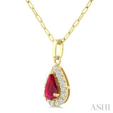 6x4 MM Pear Shape Ruby and 1/6 Ctw Round Cut Diamond Halo Precious Pendant with Chain in 14K Yellow Gold