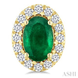 6x4 MM Oval Shape Emerald and 1/4 Ctw Round Cut Diamond Halo Precious Stud Earrings in 14K Yellow Gold
