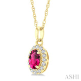 5x3 MM Oval Shape Pink Tourmaline and 1/20 Ctw Round Cut Diamond Halo Semi-Precious Pendant with Chain in 10K Yellow Gold