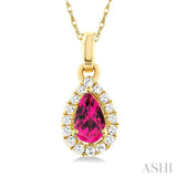 5x3 MM Pear Shape Pink Tourmaline and 1/20 Ctw Single Cut Diamond Halo Semi-Precious Pendant with Chain in 10K Yellow Gold