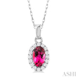 5x3 MM Oval Shape Pink Tourmaline and 1/20 Ctw Single Cut Diamond Halo Semi-Precious Pendant with Chain in 10K White Gold
