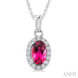 5x3 MM Oval Shape Pink Tourmaline and 1/20 Ctw Round Cut Diamond Halo Semi-Precious Pendant with Chain in 10K White Gold