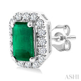 5x3 MM Octagonal Shape Emerald and 1/8 Ctw Round Cut Diamond Halo Precious Stud Earrings in 14K White Gold
