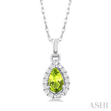 5x3 MM Pear Shape Peridot and 1/20 Ctw Single Cut Diamond Halo Semi-Precious Pendant with Chain in 14K White Gold