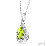5x3 MM Pear Shape Peridot and 1/20 Ctw Single Cut Diamond Halo Semi-Precious Pendant with Chain in 14K White Gold