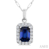 6x4 MM Octagonal Shape Sapphire and 1/6 Ctw Round Cut Diamond Halo Precious Pendant with Chain in 14K White Gold