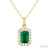 6x4 MM Octagonal Shape Emerald and 1/6 Ctw Round Cut Diamond Halo Precious Pendant with Chain in 10K Yellow Gold