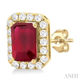 6x4 MM Octagonal Shape Ruby and 1/4 Ctw Round Cut Diamond Halo Precious Stud Earrings in 14K Yellow Gold