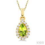 5x3 MM Pear Shape Peridot and 1/20 Ctw Single Cut Diamond Halo Semi-Precious Pendant with Chain in 10K Yellow Gold