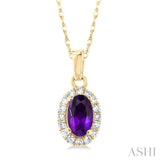 5x3 MM Oval Shape Amethyst and 1/20 Ctw Single Cut Diamond Halo Semi-Precious Pendant with Chain in 14K Yellow Gold