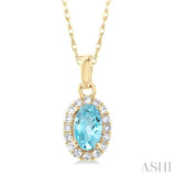 5x3 MM Oval Shape Aquamarine and 1/20 Ctw Single Cut Diamond Halo Semi-Precious Pendant with Chain in 14K Yellow Gold