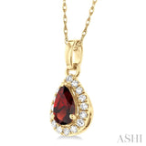 5x3 MM Pear Shape Garnet and 1/20 Ctw Single Cut Diamond Halo Semi-Precious Pendant with Chain in 10K Yellow Gold