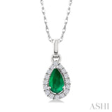 5x3 MM Pear Shape Emerald and 1/20 Ctw Single Cut Diamond Halo Precious Pendant with Chain in 14K White Gold