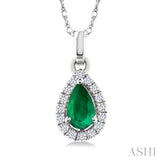 5x3 MM Pear Shape Emerald and 1/20 Ctw Single Cut Diamond Halo Precious Pendant with Chain in 14K White Gold