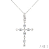1/20 Ctw Cross Marquise and Ball Bead Motif Round Cut Diamond Fashion Pendant With Chain in 10K White Gold