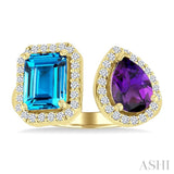 8X6 MM Emerald Cut Blue Topaz and Pear Cut Amethyst and 1/3 Ctw Open Toi Et Moi Round Cut Diamond Halo Fashion Ring in 14K Yellow Gold