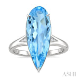 22X8 MM Evoque Gemstones Pear Shape Blue Topaz and 1/50 Ctw Round Cut Diamond Semi-Precious Ring in 14K White Gold
