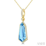 16X7 MM Evoque Gemstones Shield Shape Blue Topaz and 1/5 Ctw Round Cut Diamond Semi-Precious Pendant With Chain in 10K Yellow Gold