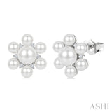 3MM & 5.5MM White Cultured Pearl and 1/10 Ctw Floral Round Cut Diamond Fashion Earrings in 10K White Gold